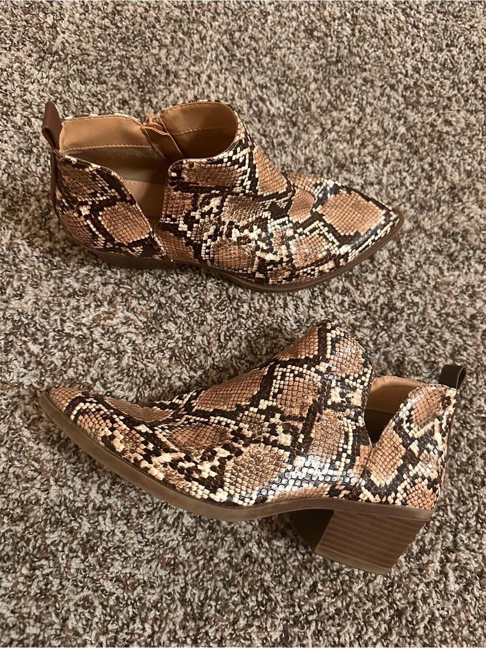 Time and Tru Tan Brown Snake-Print Ankle Booties